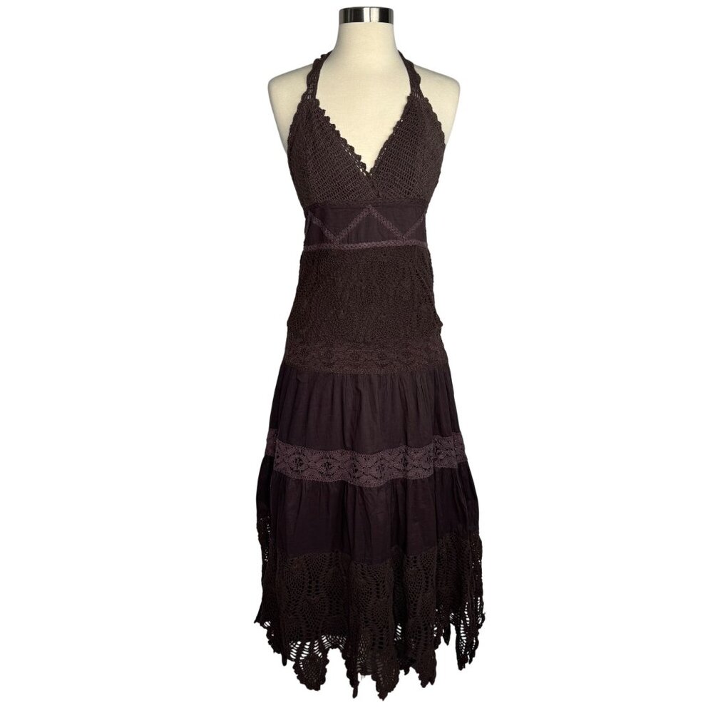 VTG XOXO Brown Crochet Baby Doll Maxi Dress Whimsigoth Dark Fairy‎ 100% Cotton